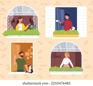 Neighbors in open window. Man with cat, young guy with cup of coffee or tea and girl watering flowers. Exterior and facade. Comfort and coziness in apartment. Cartoon flat vector illustration