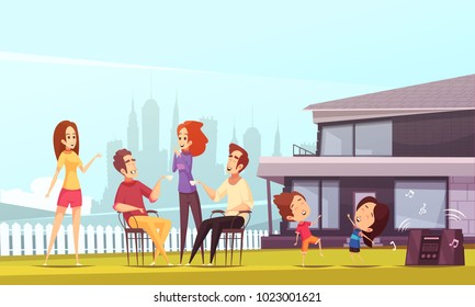 Neighbors party cartoon vector illustration with young happy families and their kids dancing on lawn near modern comfortable cottage 