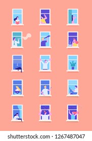 Neighbors people characters. Different Men and women. People in window frames. Flat cartoon vector illustration.	
