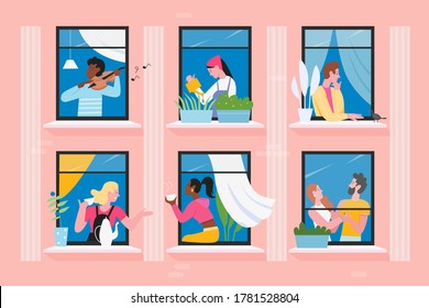 Neighbors people in house windows vector illustration. Cartoon flat man woman characters communicate, play violin, feed birds. Daily activity in neighboring home apartments, building facade background