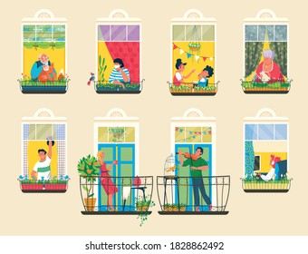 Neighbors people in house windows vector illustration. Cartoon flat man woman characters in neighboring home apartments play violin, do sport exercises, grow plants, neighborhood everyday activity