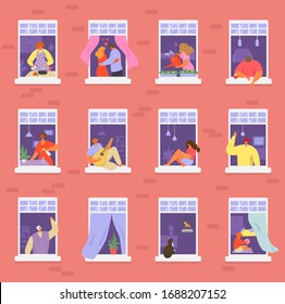 Neighbors people in window vector illustration. Cartoon active man woman or couple characters live in neighboring home apartments, building facade with windows. Flat residential house neighborhood set