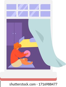 Neighbors people in window vector illustration. Cartoon active man woman or couple characters live in neighboring home apartments, building facade with windows. Flat residential house neighborhood set
