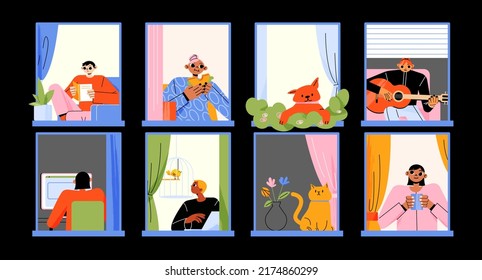 Neighbors and pets in house windows at night. Vector flat illustration of people in apartments work on computer, play guitar, eat, read book and look outside in windows isolated on black background