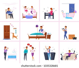 Neighbors relations cartoon characters with chain smoker, barking dog, spoiled kids, woman playing piano isolated vector illustration