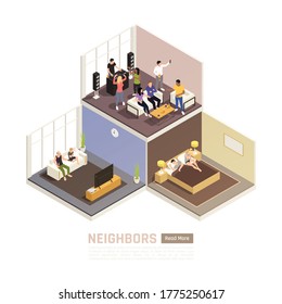 Neighbors Relations Conflicts Couple In Bedroom Suffering From Noisy Party Upstairs Isometric Building Cutout View Vector Illustration 