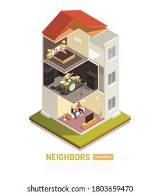 Neighbors Relations Conflicts Excessive Noise Nuisance Suffering From Loud Music Isometric Building Cutout View Vector Illustration 