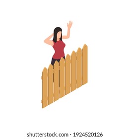 Neighbors relations conflicts isometric composition with female character standing behind wooden fence vector illustration