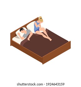 Neighbors relations conflicts isometric composition with loving couple characters lying in bed vector illustration