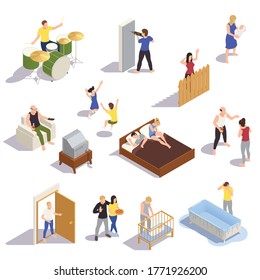 Neighbors Relations Conflicts Isometric Set With  Noisy Children Arguing Partners Loud Music Next Door Drilling Vector Illustration 