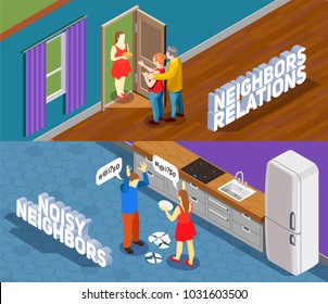 Neighbors relations horizontal isometric banners with people during good communication and persons during conflict isolated vector illustration