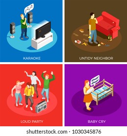 Neighbors relations isometric design concept with karaoke, untidy person, loud party, baby cry isolated vector illustration