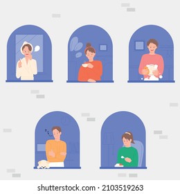 Neighbors seen through apartment windows. Everyone has a different lifestyle flat design style vector illustration.