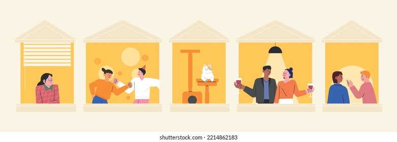 Neighbors seen through apartment windows. flat vector illustration.