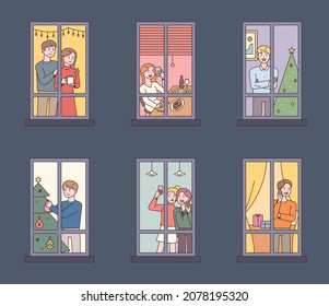 Neighbors seen through the window. People are making Christmas decorations and being happy. flat design style vector illustration.