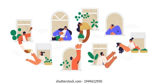 Neighbors sharing things and helping each other through open windows of house. Concept of good neighborhood, people's unity, mutual aid and support. Colored flat vector illustration isolated on white