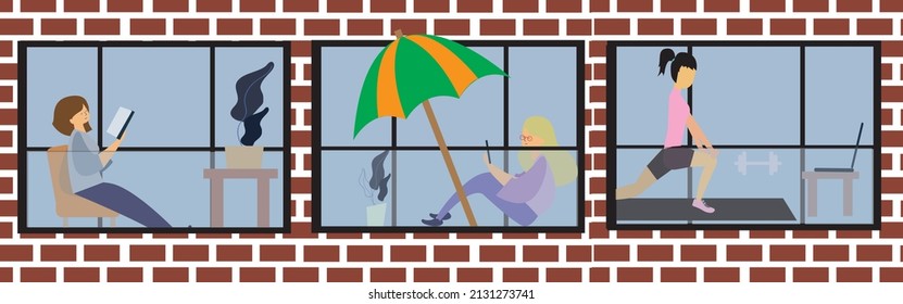 Neighbors Sharing Things And Helping Each Other Through Open Windows Of House. Concept Of Good Neighborhood, People's Unity, Mutual Aid And Support. Colored Flat Vector Illustration Isolated On White