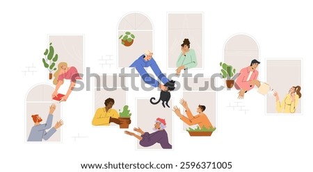 Neighbors sharing things and helping each other through open windows of house. Concept of good neighborhood, people's unity, mutual aid and support. Colored flat vector illustration isolated on white