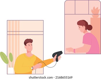 Neighbors sharing things through windows. Friendly neighborhood isolated on white background