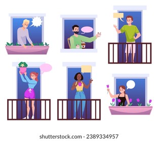 Neighbors talking with each other from windows and balconies, flat vector illustration isolated on white background. People with empty speech bubbles. Friendly neighborhood.