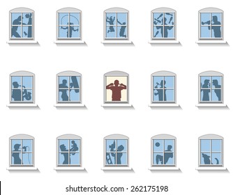 Neighbors that make various kinds of noise, in the middle window an annoyed man covers his ears. Isolated vector illustration on white background.