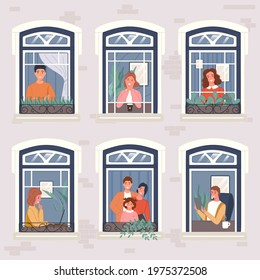 Neighbors in their apartments spend time at home near panoramic window. Vector illustration people stay home concept