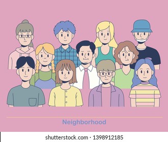 Vecinos. Varios caracteres faciales. ilustraciones de diseño vectorial de estilo dibujado a mano. 