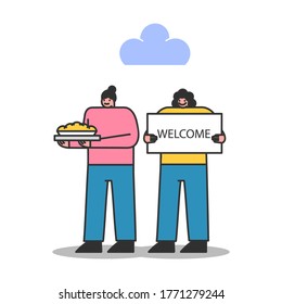 Neighbors Welcome Newcomers With Poster And Pie. Two Women Greeting New Neighbors Or Workers In Team. Human Relationship And Community Concept. Flat Vector Illustration