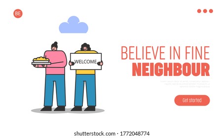 Neighbors Welcome Newcomers With Poster And Pie. Fine Neighborhood Landing Page. Two Women Greeting New Neighbors. Human Relationship And Suburb Community Concept. Flat Vector Illustration