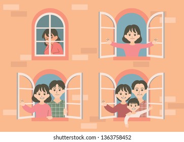 The neighbors who open the window wide open and the one who closes the window. hand drawn style vector design illustrations. 