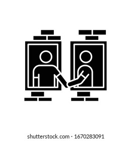Neighbors in window frames black glyph icon. Dormitory mates. Dormmates greeting each other. People living in one apartment block. Silhouette symbol on white space. Vector isolated illustration