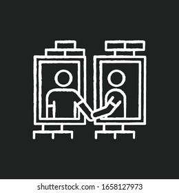 Neighbors in window frames chalk white icon on black background. Dormitory mates relationship. Dormmates greeting each other. People living in apartment block. Isolated vector chalkboard illustration