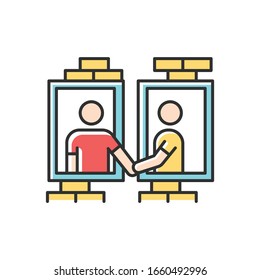 Neighbors in window frames RGB color icon. Dormitory mates relationship. Dormmates greeting each other. People living in one apartment block. Isolated vector illustration