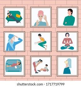 Neighbors in the windows of an apartment building - household chores - vector. Stay at home. Mental health Quarantine. Thank you Doctor.