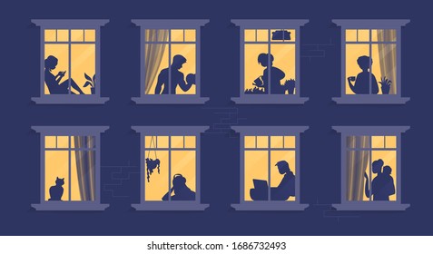 Neighbors in windows. Cartoon characters at their apartment reading book, cooking, watching TV and spending time together. Vector illustration evening home scene, silhouette or shadow people in window
