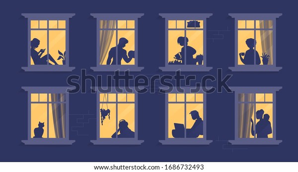 Neighbors in windows. Cartoon characters at their\
apartment reading book, cooking, watching TV and spending time\
together. Vector illustration evening home scene, silhouette or\
shadow people in\
window