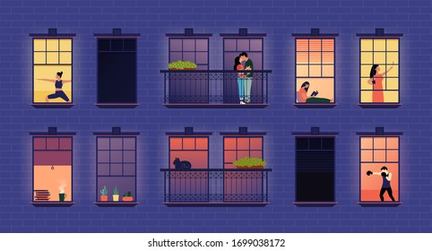 Neighbors In Windows. Cartoon Neighborhood House Apartments, Building Exterior With People In Opened Windows And Balcony, Flat Abstract Indoors Apartment Set. Vector Illustration