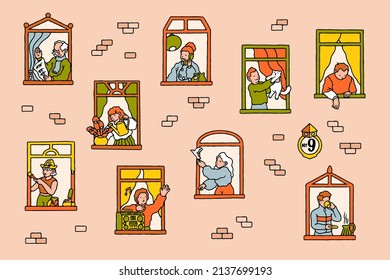 Neighbors in windows. Cartoon people communicating while staying at home. Vector illustration