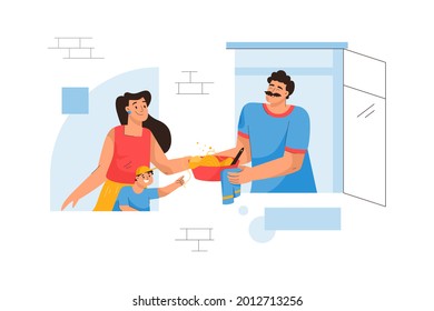 Neighbors in windows concept. Man prepares food and holding plate looking out of apartment, woman and her son taking treat. Good neighborly relations, home lifestyle. Vector character illustration