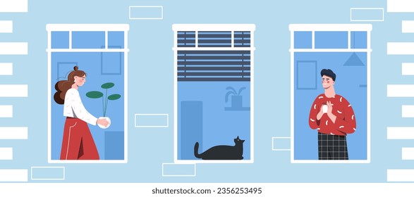 Neighbors in windows concept. Man and woman communicate with each other. Good relationship, help and support. Building exterior and facade, architecture. Cartoon flat vector illustration