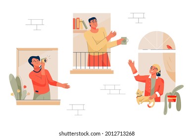 Neighbors in windows concept. Men and women look out from apartments, talking, taking photos on camera, drinking tea, greeting each other. Good neighborly relations. Vector character illustration