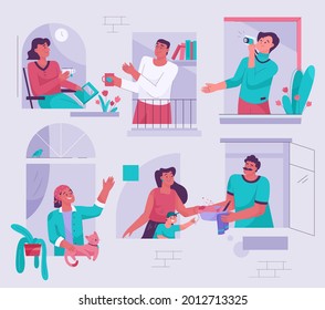 Neighbors in windows concept. Men and women look out from home, talking, reading, drinking tea, sharing food, taking photos, greeting each other. Neighborly relations. Vector character illustration