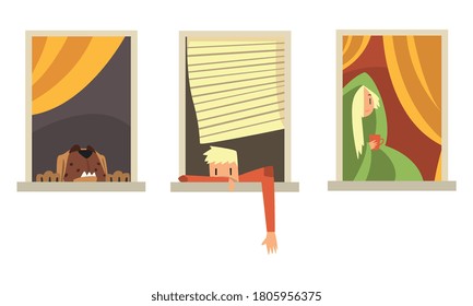 Neighbors in Windows Doing Daily Things in their Apartments Set, People and Dog Looking Out of Room Cartoon Style Vector Illustration