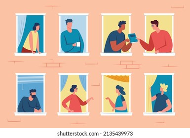 Neighbors in windows, good neighborhood, people looking out window. Friendly apartment neighbours talking to each other vector illustration. Friends communicating, discussing book, drinking coffee