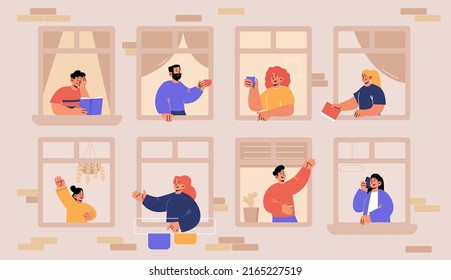 Neighbors in windows greeting each other, drink coffee, read and talk on phone. Vector flat illustration of good conversation in neighborhood. House facade with happy people in windows