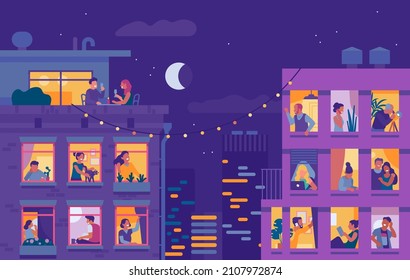 Neighbors in windows. Housemates relaxing at home in evening. Night city. Glowing lights. People activities. Romantic dinner on roof. Rest after work. Nighttime cityscape