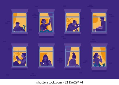 Neighbors in windows at night. Evening apartments with different silhouettes people. Housemates reading and looking through telescopes. House wall with glowing