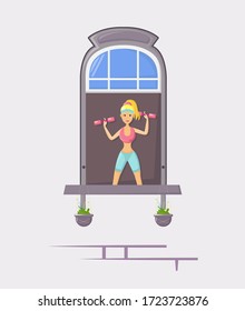 Neighbors in windows of old house. House building facade with open windows with people. Beautiful slender girl does exercises, spreads her arms to sides with dumbbells. Quarantine concept vector