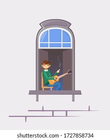Neighbors in windows of old house. House building facade with open windows and with people. Cartoon characters young man sits, plays the guitar, smokes cigarette. Quarantine concept vector