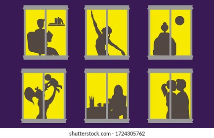 Neighbors in the windows. People read books, play sports, work at the computer, and spend time together in their apartment. Vector illustration in home script, silhouette or shadow of people. eps 10